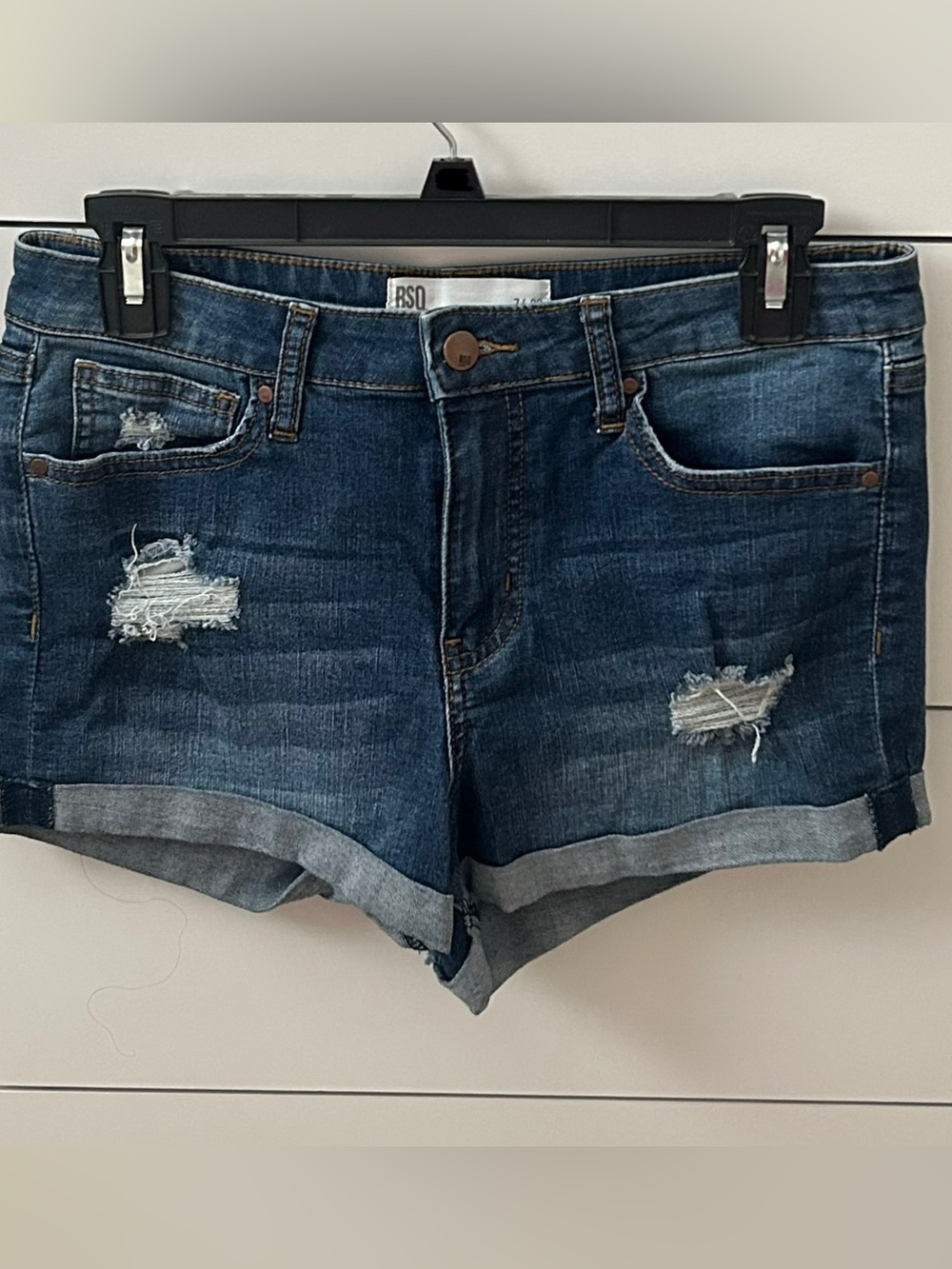 RSQ Dark Blue Distressed Rolled-Hem Denim Shorts